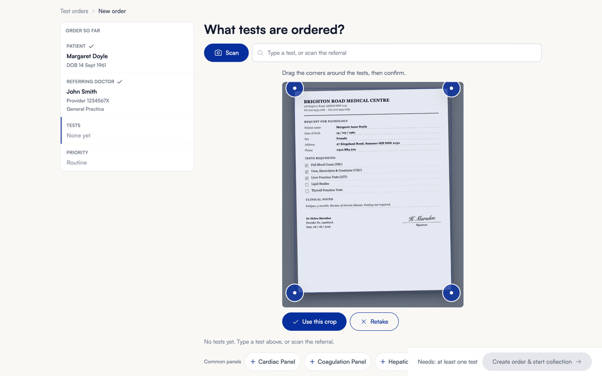 Scan a referral: photograph or upload a paper referral; two readers cross-check every field