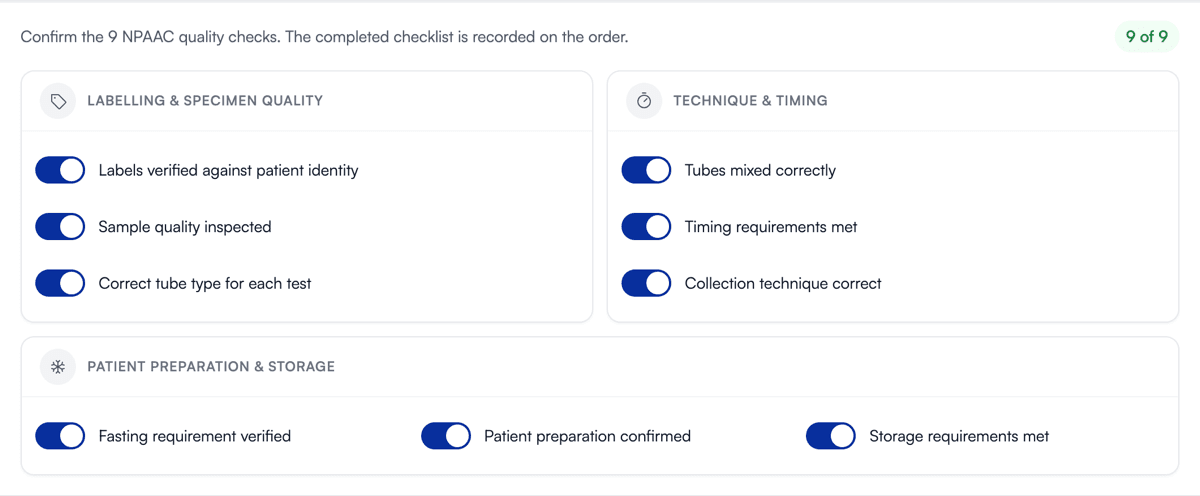 The NPAAC quality checklist at the collection bench, grouped into labelling, technique and patient preparation