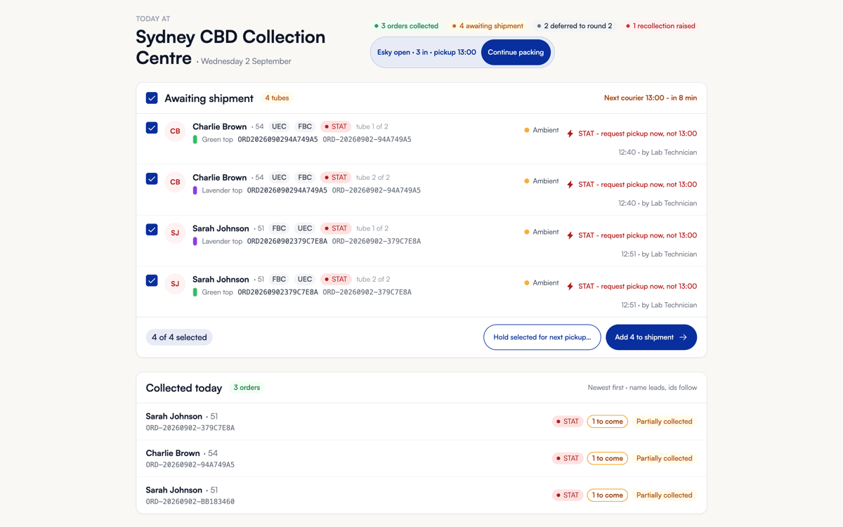 Facility operations dashboard with check-ins, roster and courier schedule